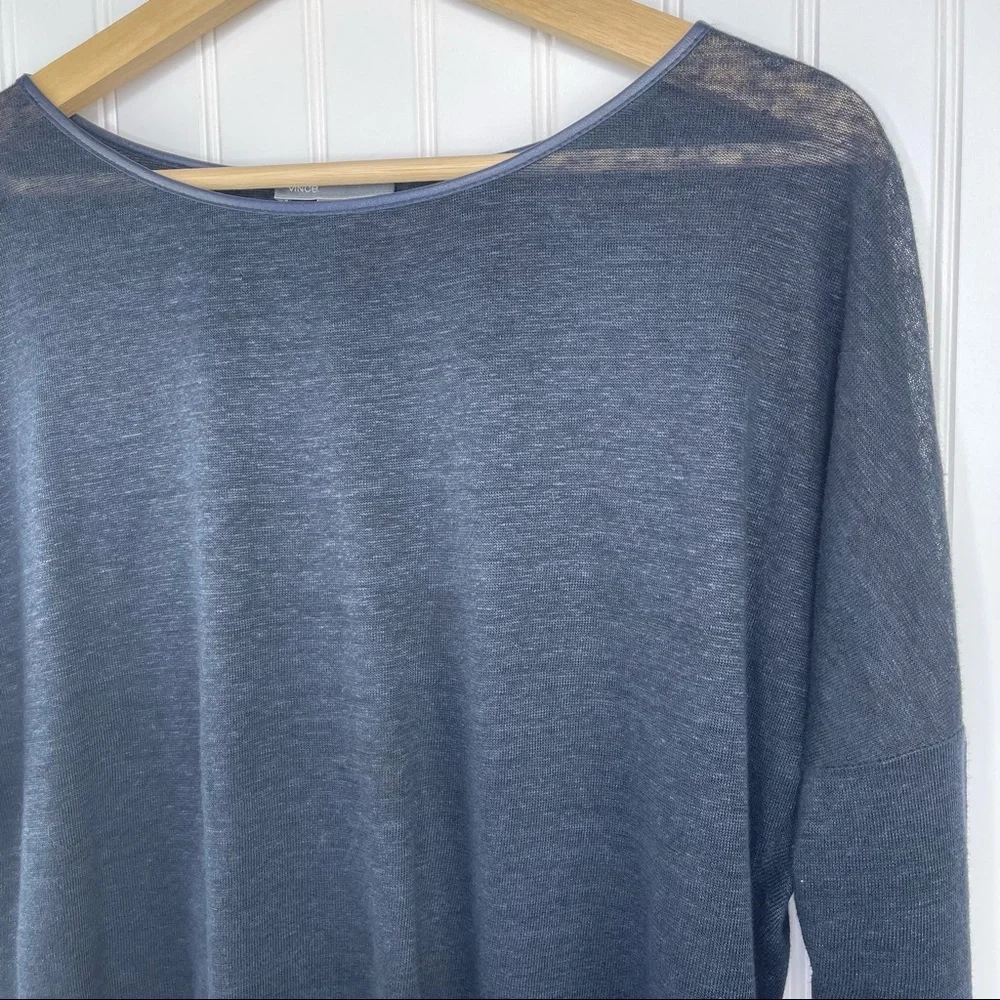 Vince Linen And Lamb Leather Trimmed Long Sleeve Top Navy Blue Size Small - Picture 2 of 7